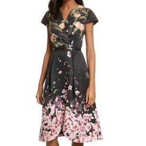 FREDICA PEACH BLOSSOM FAUX-WRAP DRESS IN BLACK